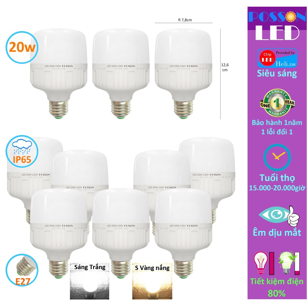 Sỉ 50 Bóng đèn Led trụ 18w 20w bup trụ siêu sáng tiết kiệm điện kín chống nước Posson SG LC-20x