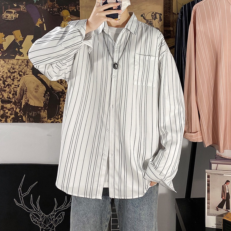 Áo sơ mi cổ đứng tay dài dáng rộng kẻ sọc thoáng khí chống nhăn chất lượng cao cho nam