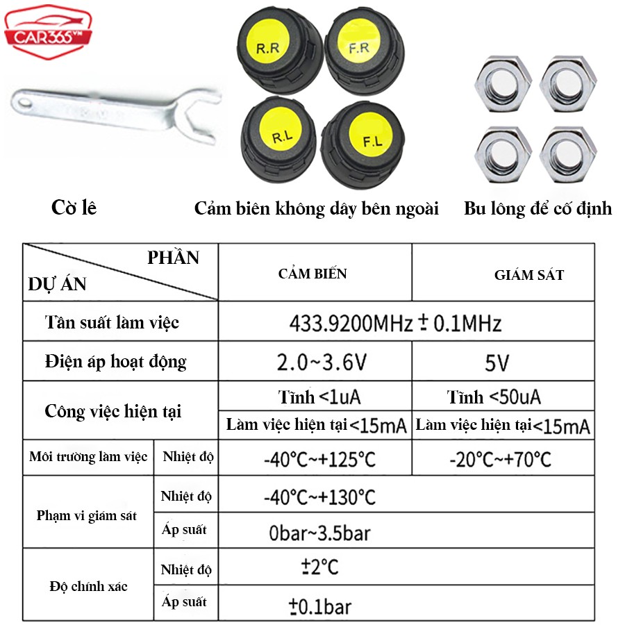 Cảm biến áp suất lốp cao cấp chính hãng CAR365 - Màn hình màu LCD hiển thị áp suất nhiệt độ - BẢO HÀNH 24 THÁNG - CAR38