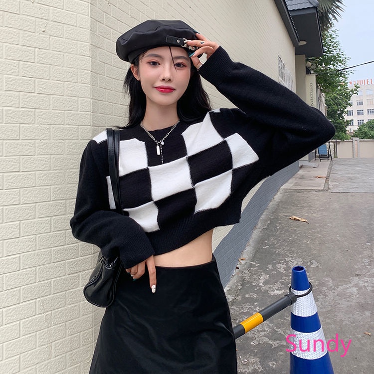 Áo Croptop Dệt Kim Tay Dài Hoạ Tiết Kẻ Sọc Phong Cách Vintage