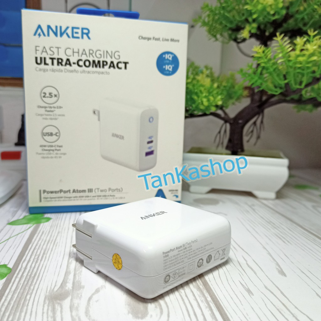 Củ Sạc Anker PowerPort Atom III 60W - 2 cổng, TypeC IQ3 45W, Cổng Usb IQ2.0 15W - A2322