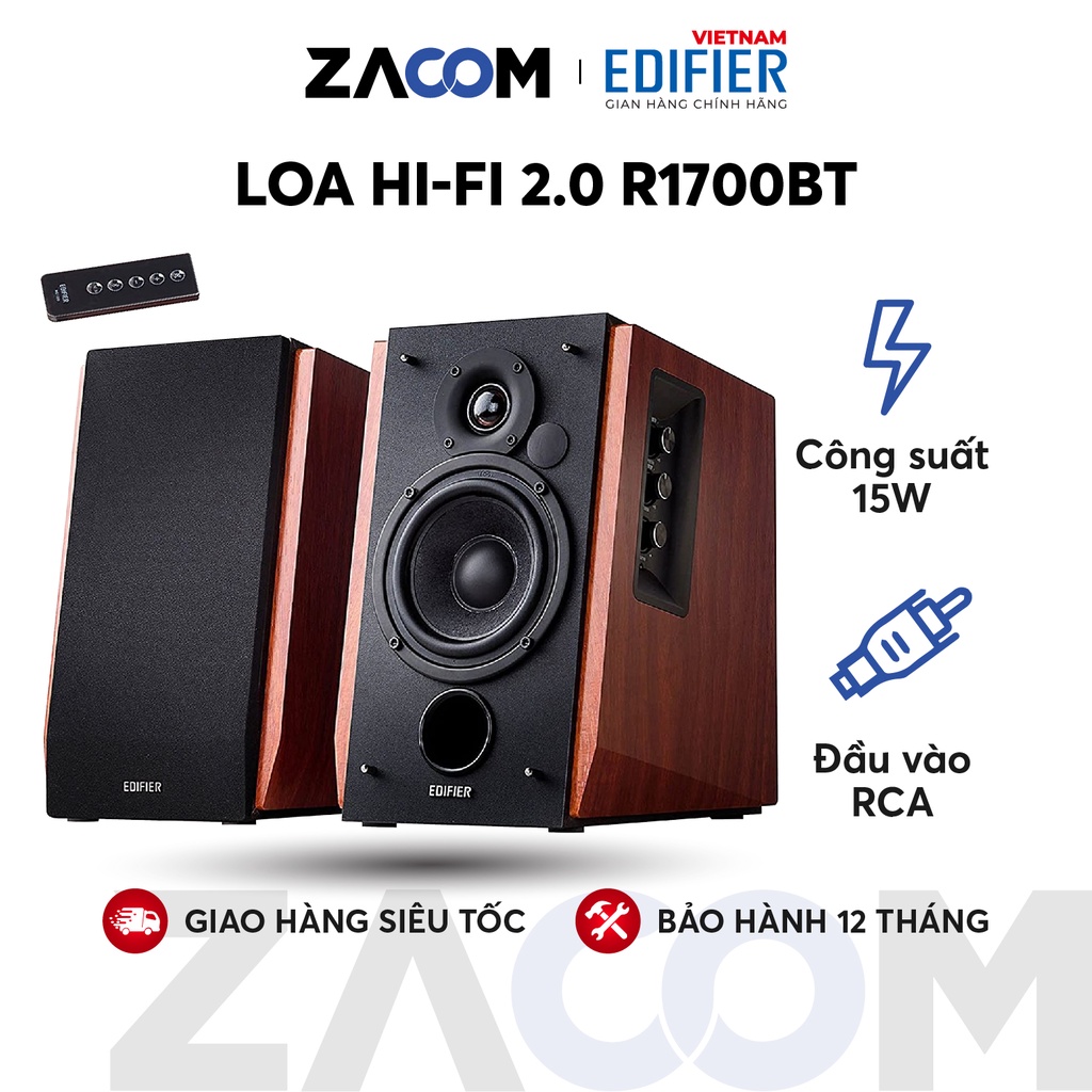 Bộ loa không dây Bluetooth EDIFIER 2.0 R1700BT - Hỗ trợ cổng cắm RCA - Có remote điều khiển - Vỏ gỗ chống dội âm
