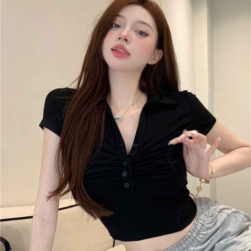 Áo Thun Tay Ngắn Cổ Chữ V Màu Sắc Trơn Quyến Rũ Dành Cho Nữ