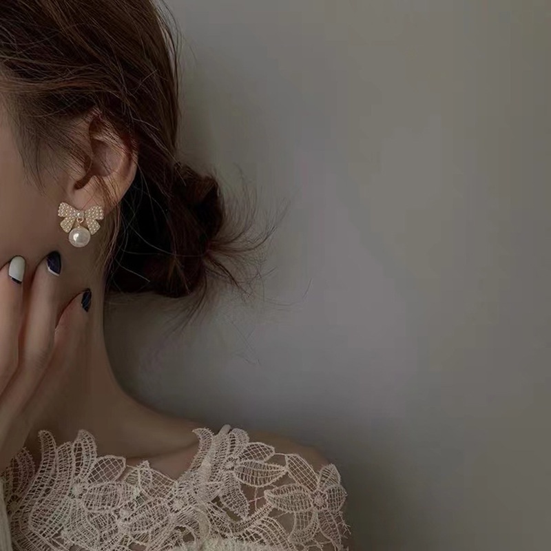 Khuyên Tai Bạc S925 Đính Nơ Và Ngọc Trai Thanh Lịch Phong Cách Hàn Quốc Mới Dành Cho Nữ