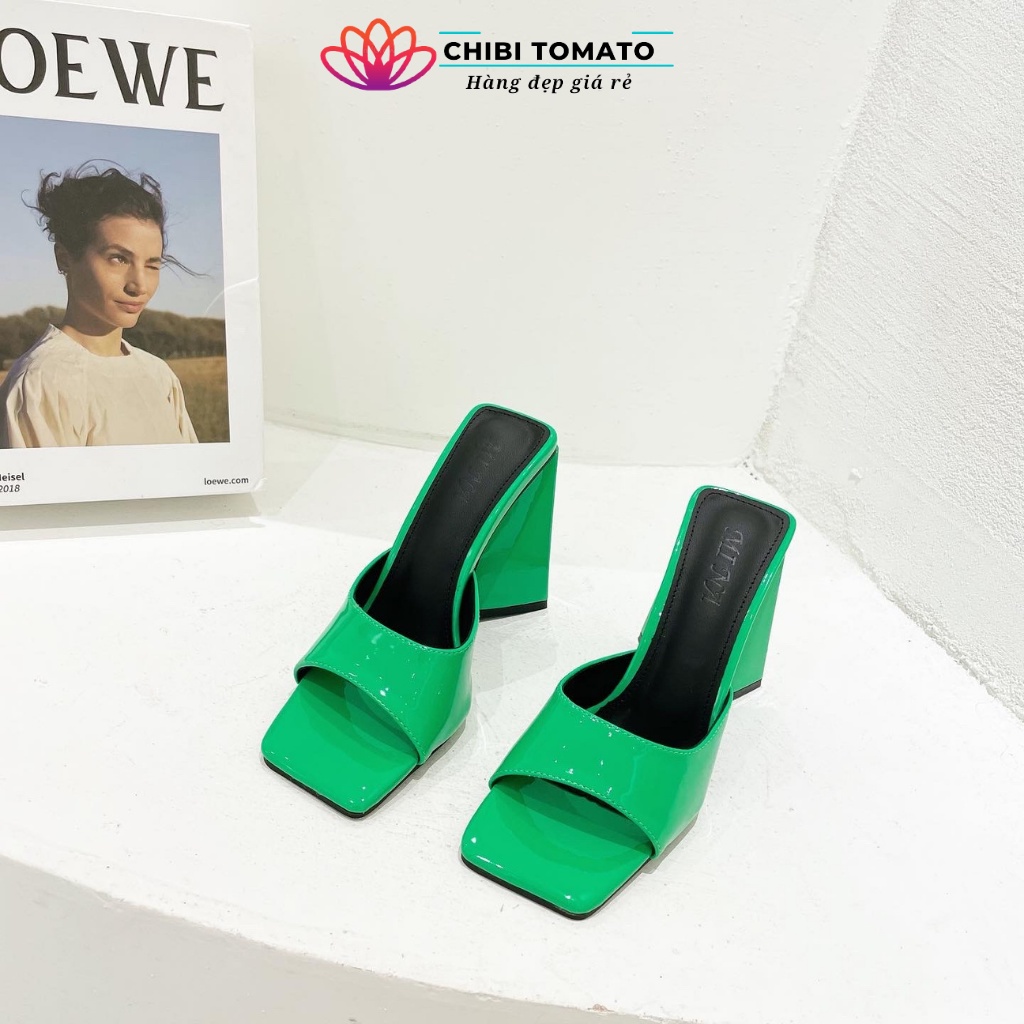 Dép guốc cao gót nữ, sandan nữ cao gót  đế tam giác quai ngang khuyết mũi vuông thời trang 7 đến 9 phân 4 màu trắng