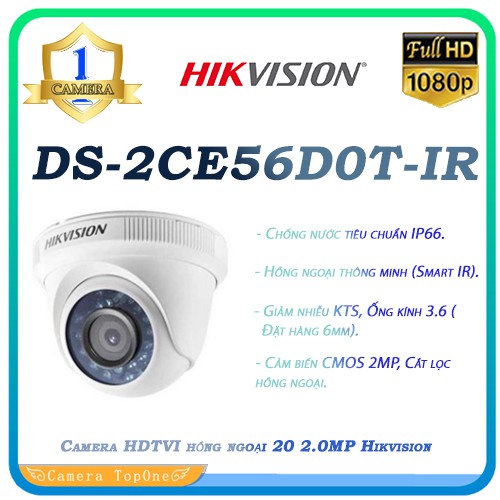 [Mã 159ELSALE hoàn 7% đơn 300K] Camera HDTVI hồng ngoại 20 2.0MP Hikvision DS-2CE56D0T-IR