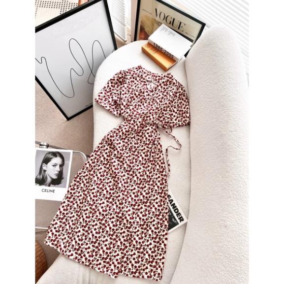 Váy Hoa Nhí Đầm Nử Cổ Đắp Chéo Dáng Suông Chất Vải Dày Dặn Phong Cách Ulzzang Siêu Tôn Dáng.