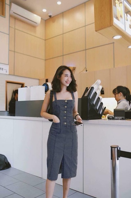 ❤️ẢNH CHỤP THẬT ĐẦM JEAN 2 DÂY GIẢ CÓ TÚI