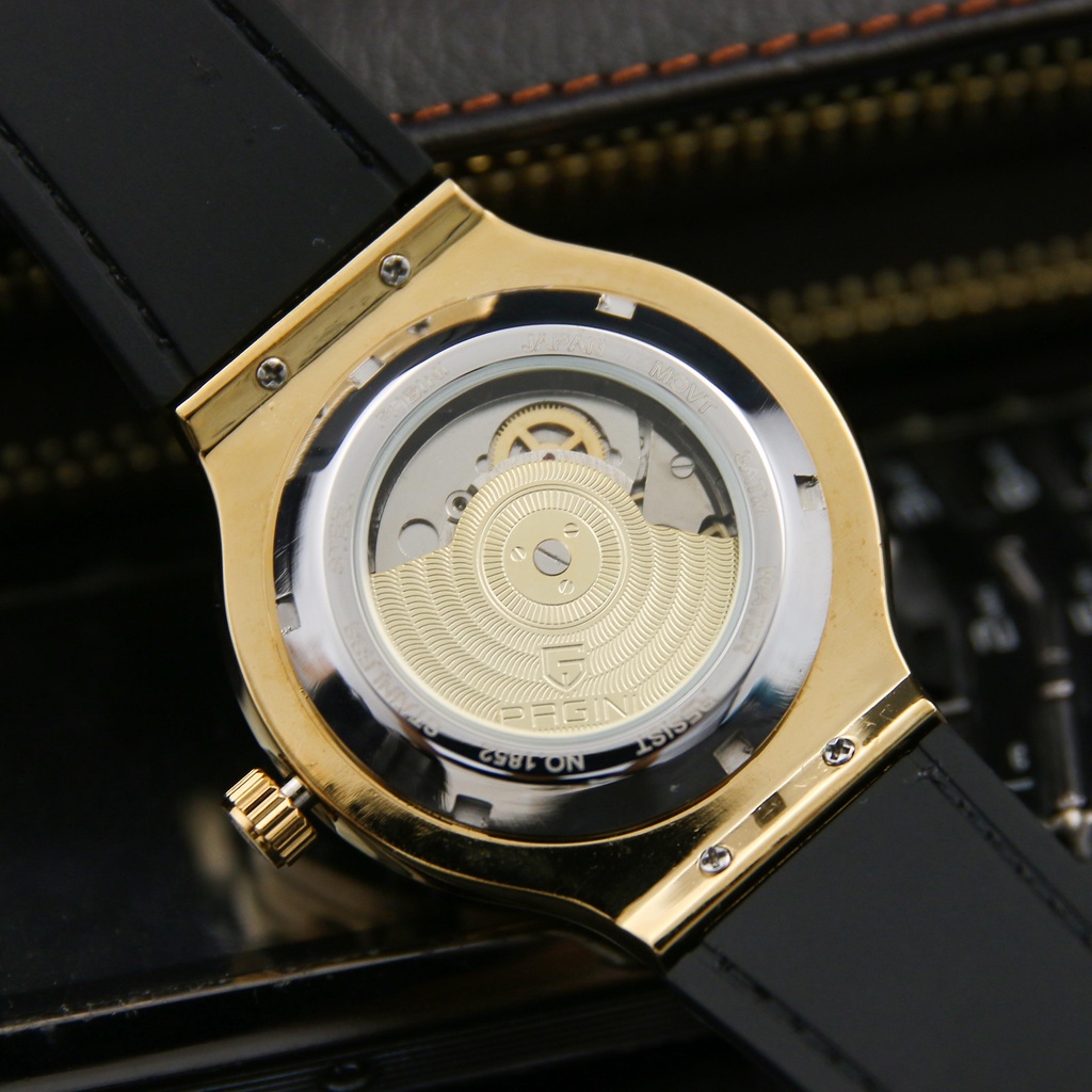 Đồng hồ cơ nam dây da chính hãng Pagini PA1852, đồng hồ automatic mặt tròn 40mm đính đá sang trọng.