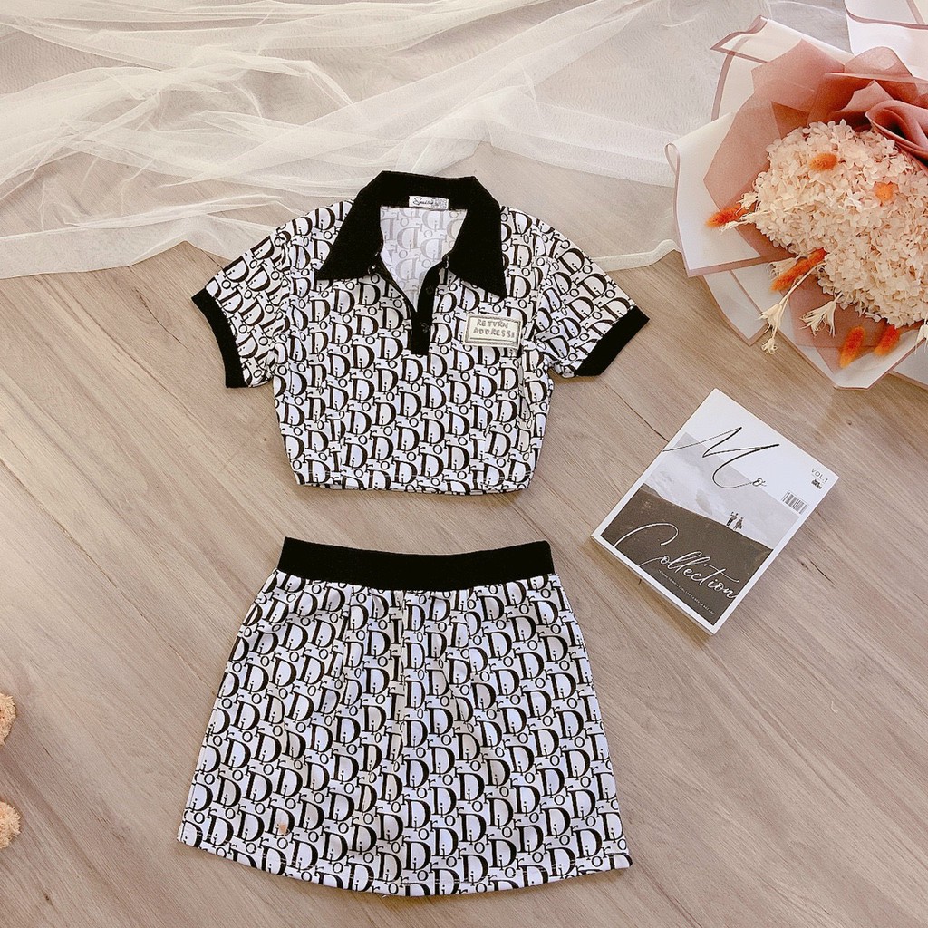 set bộ BB áo croptop cỏ bẻ chân váy dáng A họa tiết chữ sang ảnh thật coton mềm