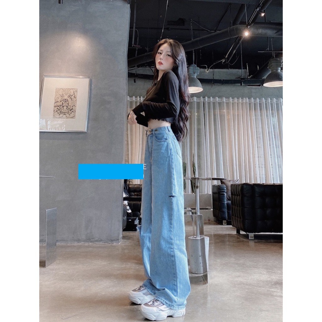 [ FREESHIP ] QUẦN JEAN ỐNG RỘNG NỮ LƯNG CAO XANH NHẠT PHỐI ĐAI RÁCH CHỮ Z VUÔNG GỐI PHẢI BE TRÁI CAO CỰC HOT NITIQC