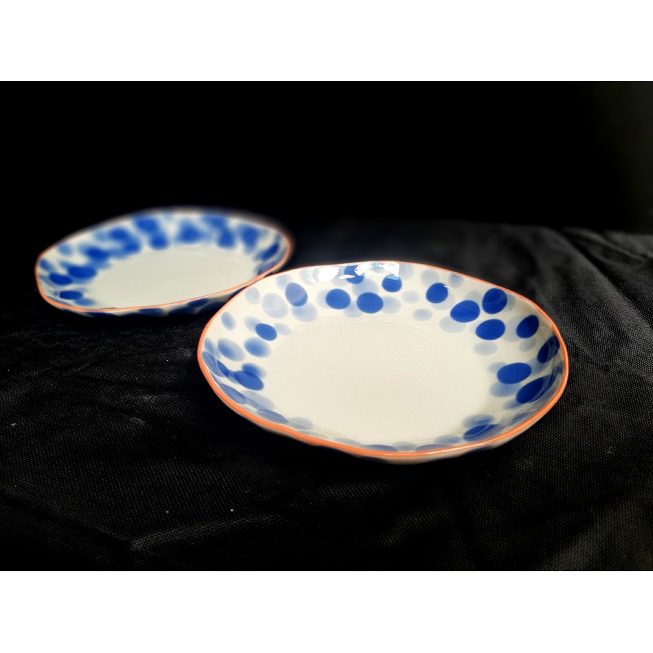 BLUE DOTS PLATES/ ĐĨA MÉO XUÂT ÂU HỌA CHẤM BI XANH CÔ BAN, SẢN XUẤT TẠI XƯỞNG GỐM SỨ AUTHENTIC BAT TRANG