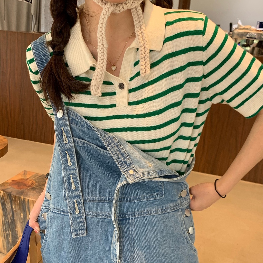 Áo thun polo ZHELIHANGFEI vải dệt kim ngắn tay họa tiết kẻ sọc ngang thời trang