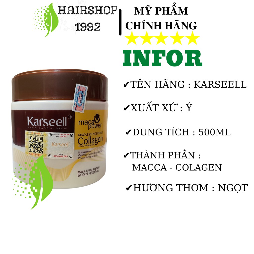 Kem Ủ Tóc KARSEELL, Hấp Tóc Collagen, Ủ Dưỡng Tóc Collagen KARSEELL 500ML Chính Hãng