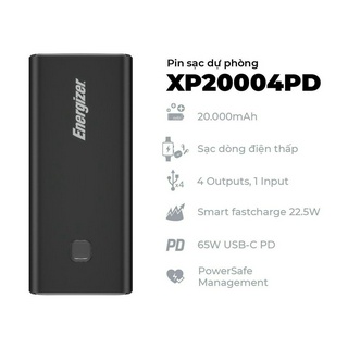 Sạc dự phòng energizer 20000mah xp20004pd - tích hợp 4 cổng sạc, công suất sạc lên đến 65w - hàng chính hãng