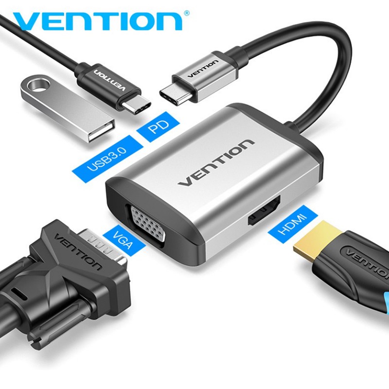Type C - Cáp chuyển USB Type C to HDMI + VGA + USB + PD (87W) (4 in 1) Vention