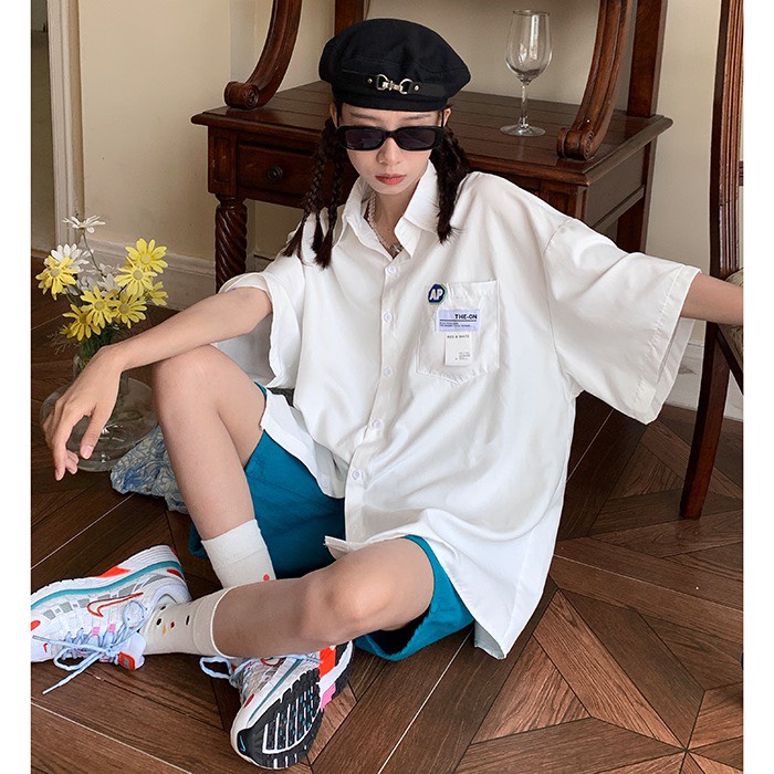 [ ẢNH THẬT + VIDEO] Sơ mi AP logo tem có túi, chất thô lụa dầy from rộng unisex bazic, nam nữ mặc được