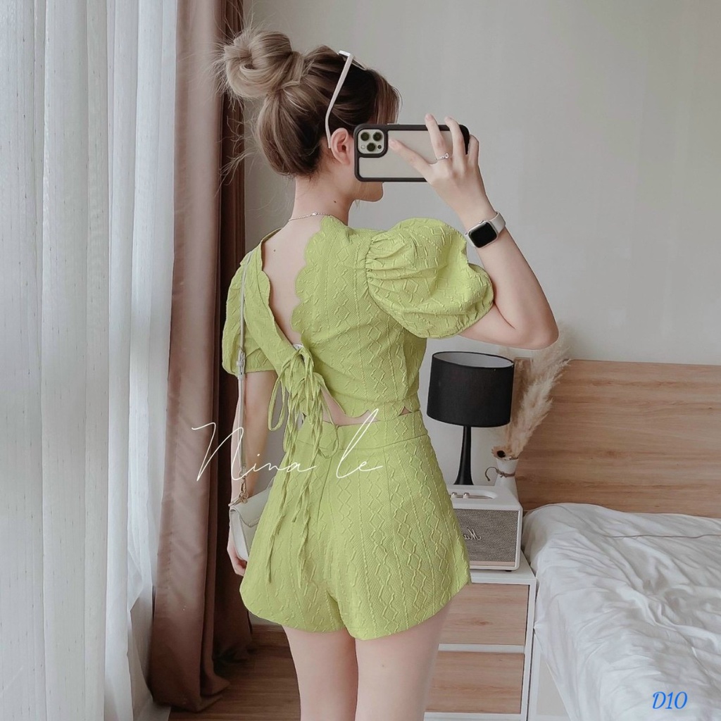Set bộ đồ nữ đi chơi tiệc cá tính, set 2 món quần đùi lưng cao kèm áo croptop kiểu nữ hở lưng tay phồng độc đáo