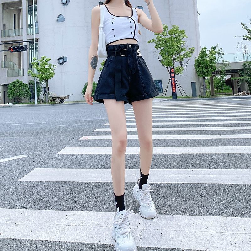 Quần Short Denim Đen Lưng Cao Ống Rộng Thời Trang Mùa Hè 2022 Cho Nữ