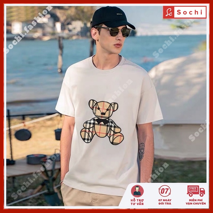 Áo thun tay ngắn nam, áo cộc tay nam cổ tròn in hình gấu kẻ mã CZ600