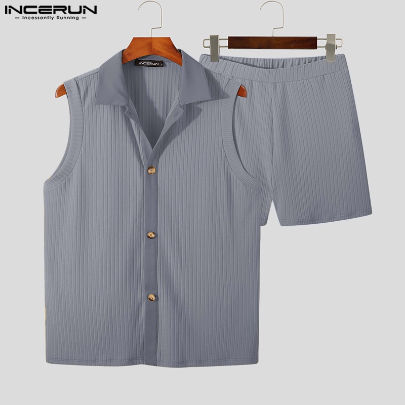 Bộ áo không tay và quần short INCERUN dệt kim màu trơn đơn giản cho nam