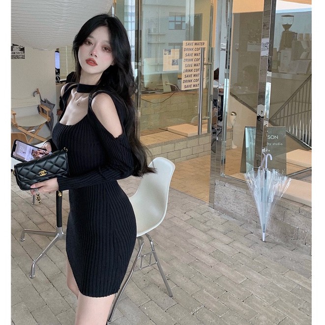 Đầm dệt kim tay dài phối khăn choàng thời trang cho nữ