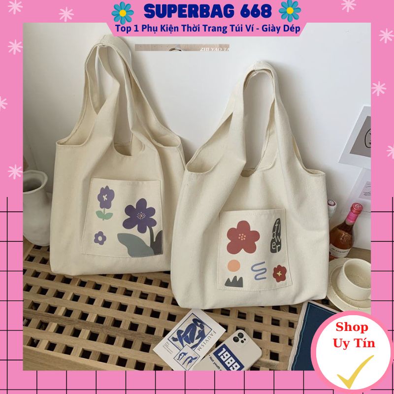 Túi đeo vai vải canvas liền thân có ngăn ngoài hoạ tiết hoa lá 283