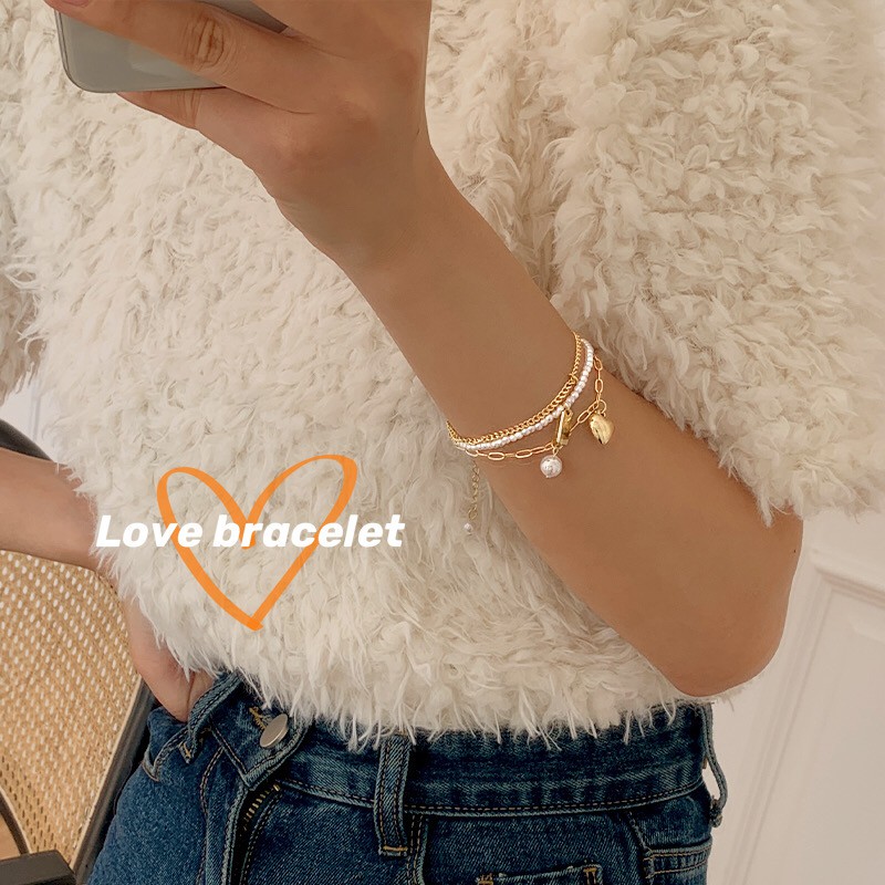 Vòng Tay Ngọc Trai Hai Lớp Đính Trái Tim C102