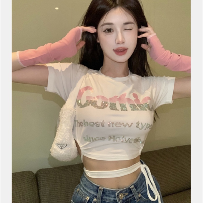 Áo Thun Tay Ngắn Thiết Kế Đan Dây Quyến Rũ Cho Nữ