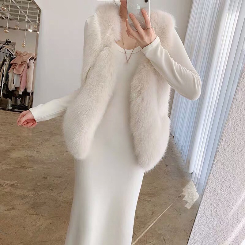 Set váy thun body- áo gile lông