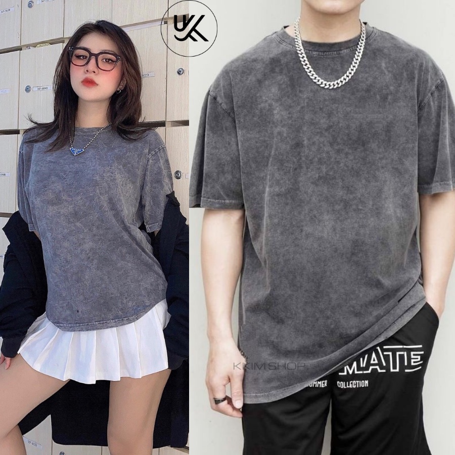 Áo thun tay lỡ Trơn WASH XÁM Cao Cấp, Áo Phông Unisex Form dáng rộng oversize Basic Nam Nữ. KKimShop