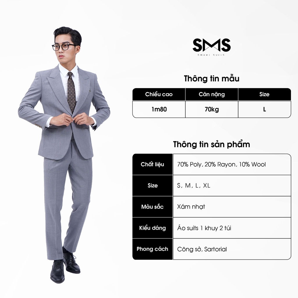 Vest nam xám nhạt, suits sartorial, 1 khuy 2 túi, chuẩn form Smart Suits