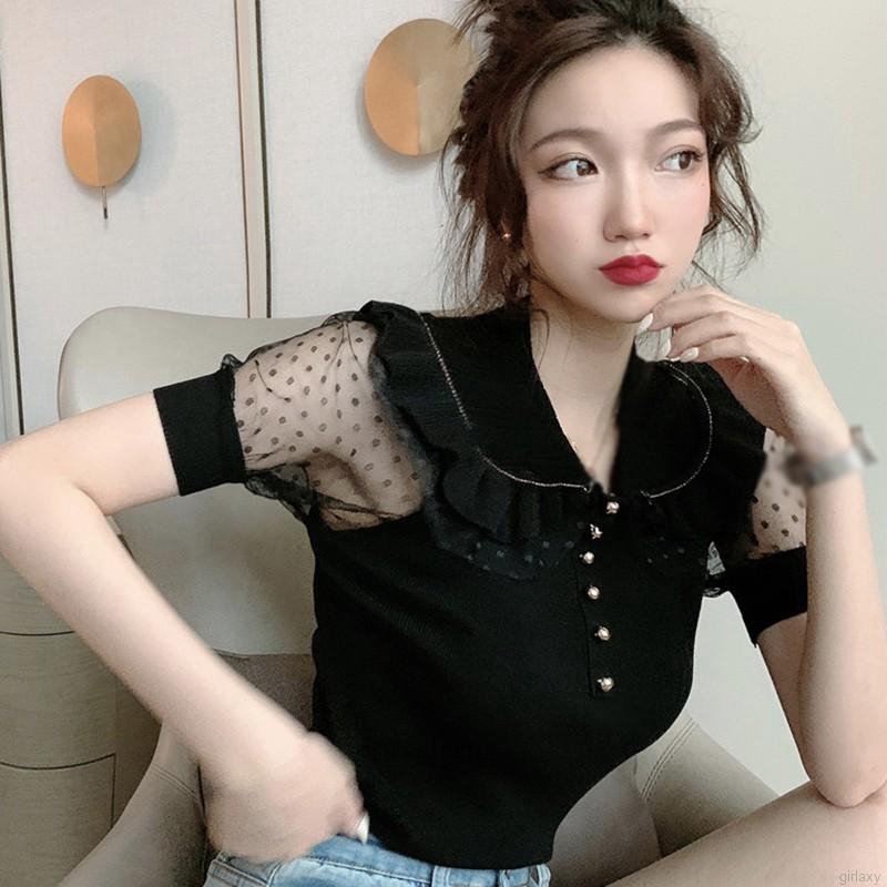 Áo Dệt Kim Ngắn Tay Phối Lưới Xinh Xắn Theo Phong Cách Retro Hàn Quốc