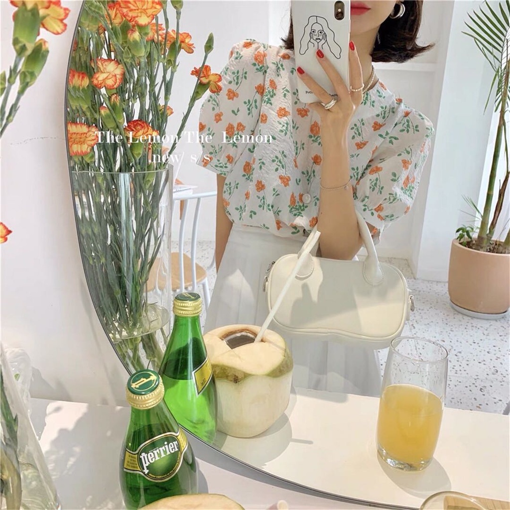 SUXI Áo kiểu tay ngắn cổ tròn dáng rộng in hoa thời trang mùa hè Hàn Quốc dành cho nữ