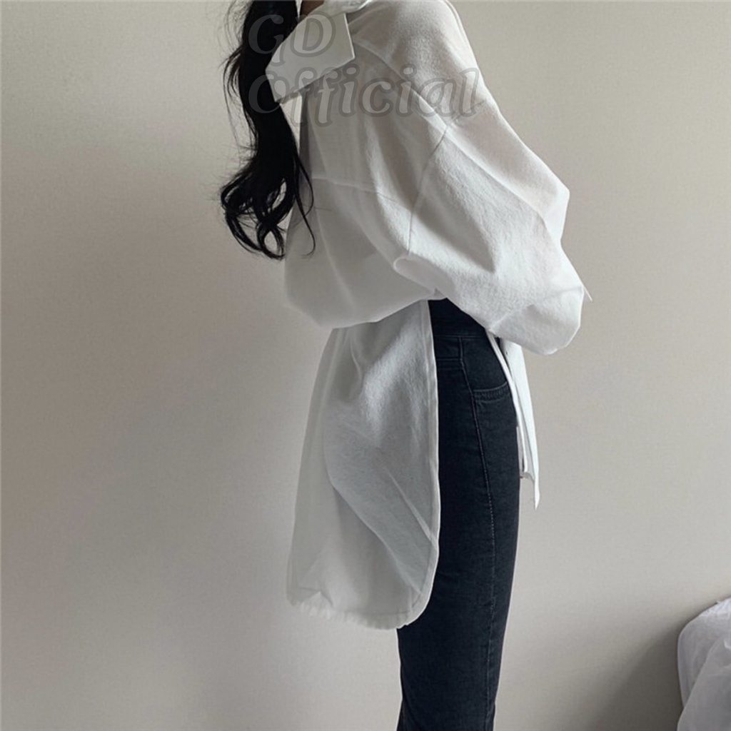A50|Áo sơ mi polo công sở ngắn rộng thụng cá tính đơn giản túi dài tay thắt lưng eo xẻ tà không đều trắng GD Official