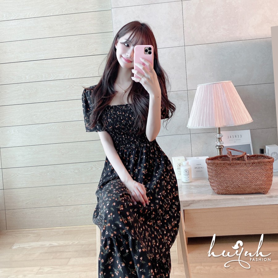 Đầm hoa cổ vuông tay ngắn xếp ly - DDTN01