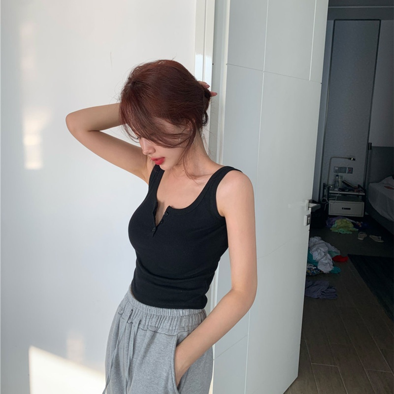 Áo Croptop Dệt Kim Sát Nách Dáng Ôm Cài Khuy Trước Kiểu Pháp Quyến Rũ Cho Bạn Gái