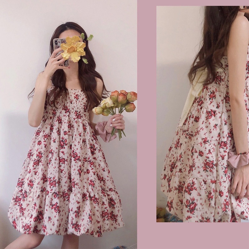 Đầm Dây Nữ Dáng Chữ A In Hoa Thắt Nơ Eo Xinh Xắn