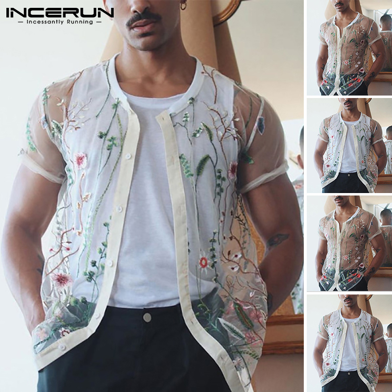 Áo Sơ Mi Nam Xuyên Thấu INCERUN Tay Ngắn Cổ V Gợi Cảm Họa Tiết Thêu Hoa