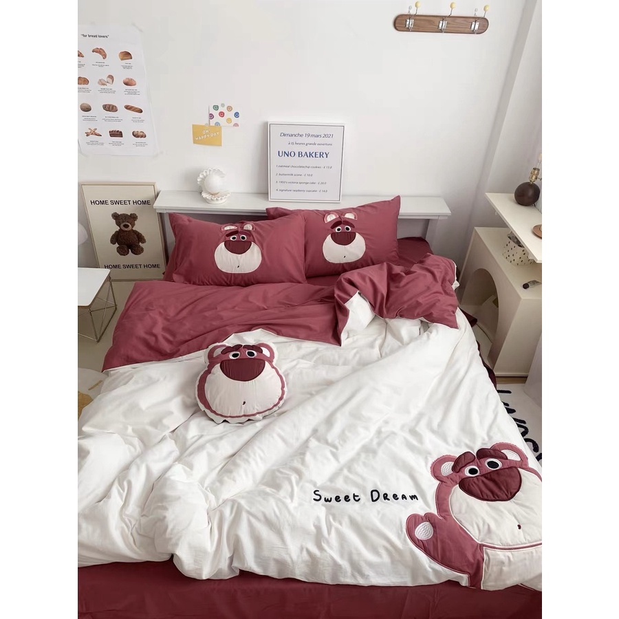Bộ Chăn Ga Gối 5 Món mẫu GẤU DÂU LOTSO -  Cotton Linen Họa Tiết Hoạt Hình Disney Dễ Thương