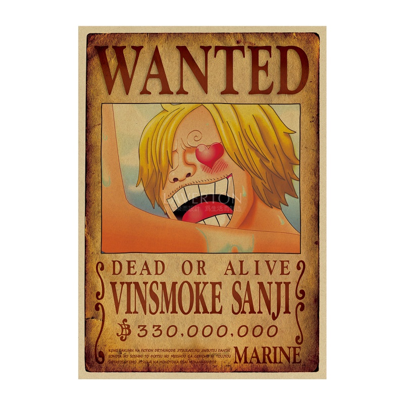 Tranh poster wanted lệnh truy nã One Piece dán tường, phong cách vintage kích thước 50.5*35cm trang trí độc đáo