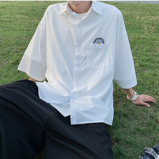 Korean Style Chrysanthemum Embroidery Short Sleeve Shirt For Men