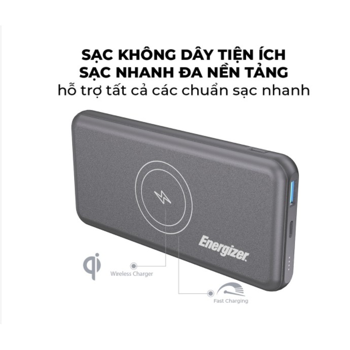 Sạc dự phòng không dây wireless Qi 10W Energizer 10,000mAh, QE10007PQ, hàng Energizer VIETNAM, mới 100%, B/hành 2 năm