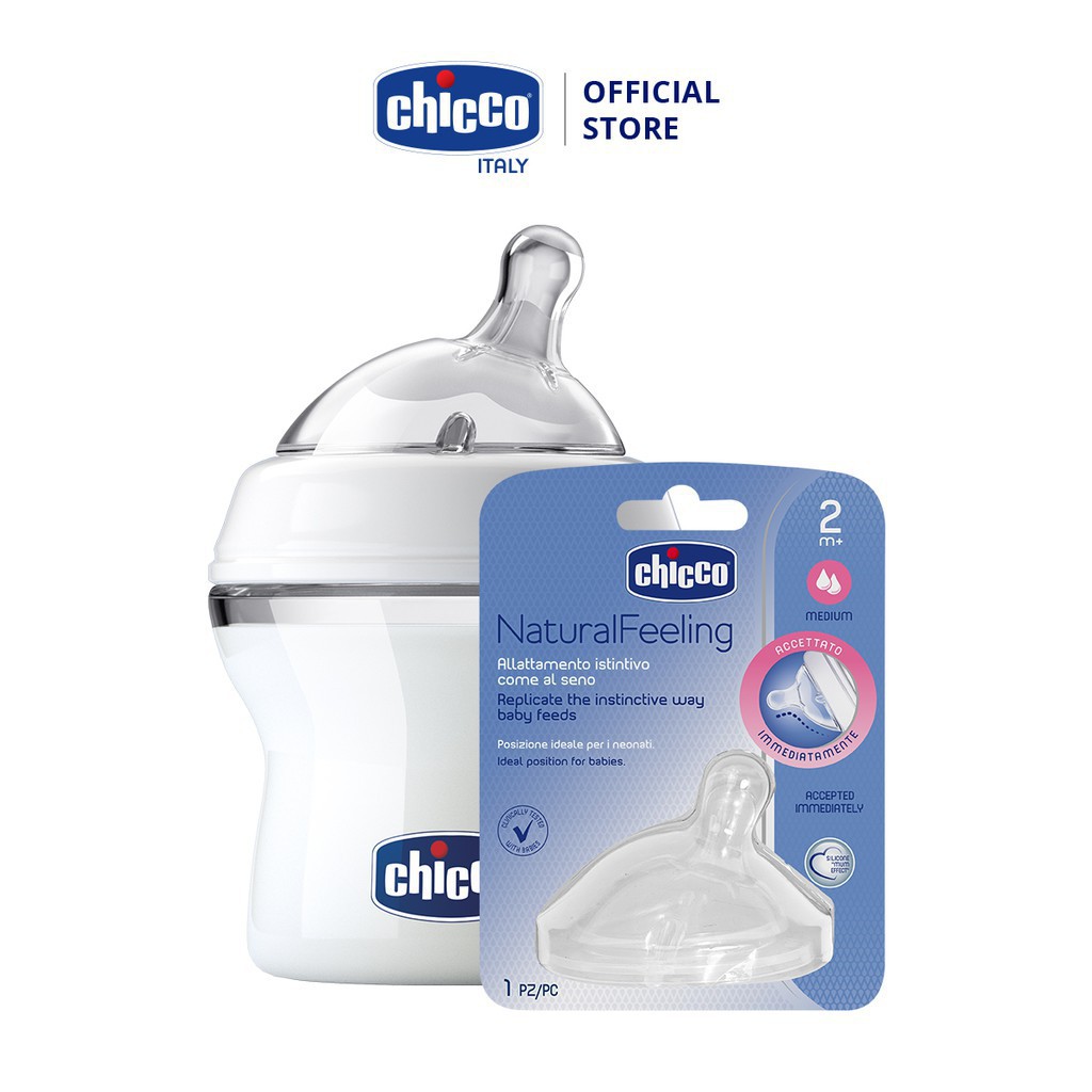 Combo Bình sữa Chicco núm nghiêng Pisa Natural Feeling 0M+ 150ml + Núm ty Chicco nghiêng Pisa dòng chảy trung bình 2M+