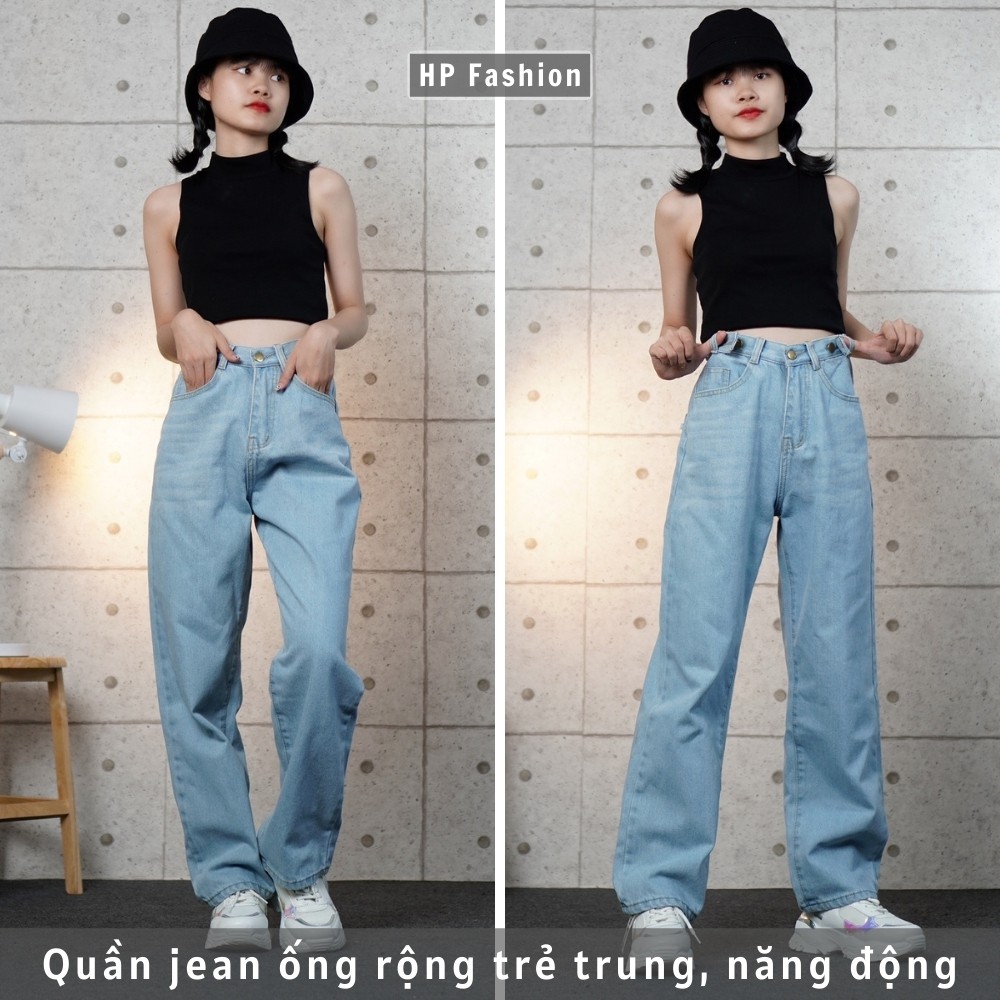 Quần jean nữ ống rộng ❤️ Quần bò nữ lưng cao có khuy cài điều chỉnh eo dáng suông trẻ trung - QJ07