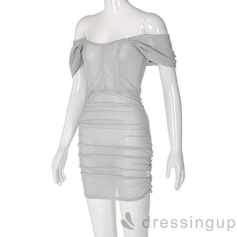 Đầm midi tay ngắn trễ vai eo cao màu bạc/đen thời trang mùa hè cho nữ