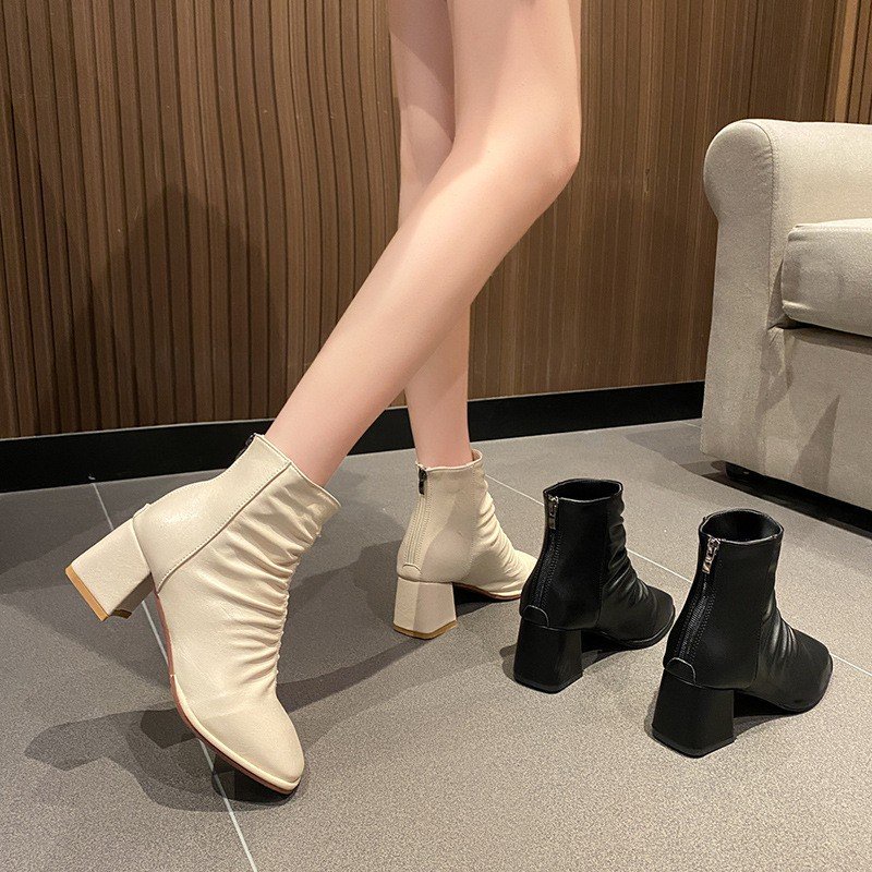 giày  boot thời trang, Bốt nhúm cổ da bóng gót vuông  fullbox hot trend