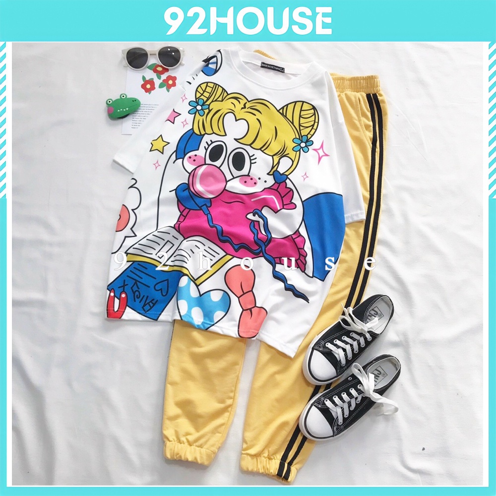 Bộ dài hoạt hình unisex quần jogger bo chun hai sọc nam nữ đều mặc được