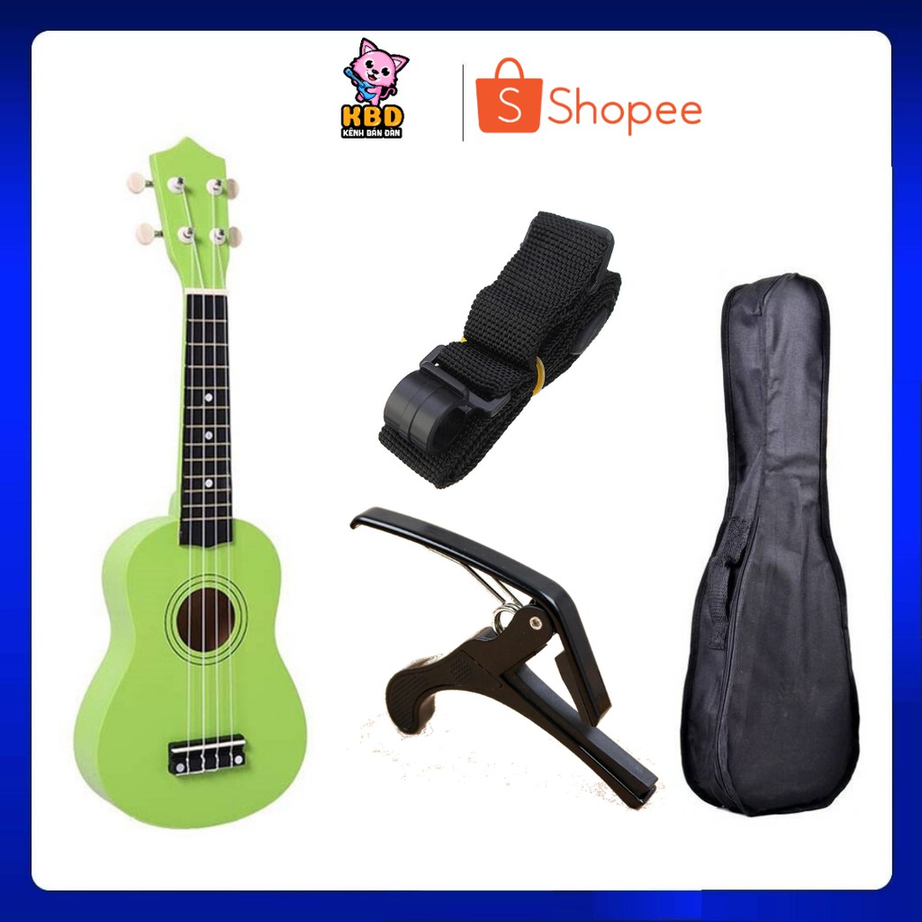 Combo Đàn Ukulele Soprano Màu + Bao vải + Capo Ukulele + Dây đeo