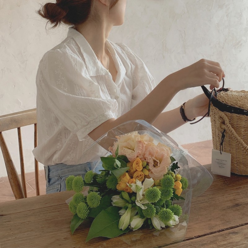 Áo kiểu Xiaozhainv tay phồng phối ren thêu họa tiết phong cách Hàn Quốc thời trang mùa hè cho nữ